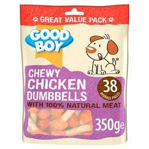 Good Boy Chicken Dumbbells Dog Treats 350g Bag with natural meat for dogs over 4 months, 38 pieces per pack.