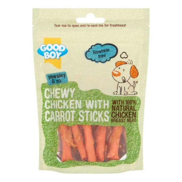 Good Boy Chicken With Carrot Dog Treats in a resealable bag.