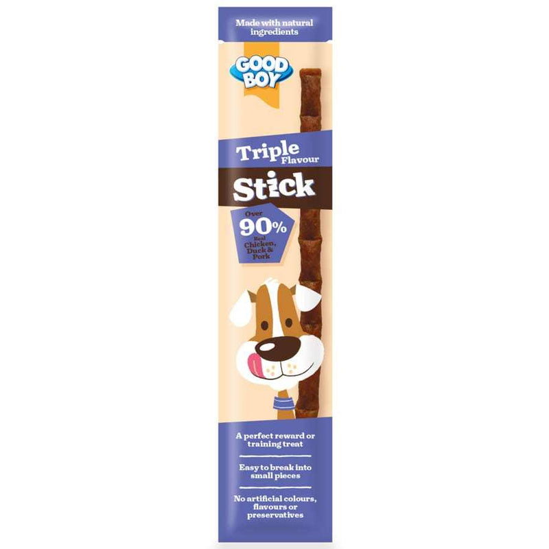 Good Boy Stick - Reward Training Treat for Dogs, Triple Flavour, 90% Meat Content.