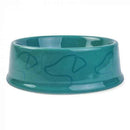 Green ceramic dog bowl with dog outline design.