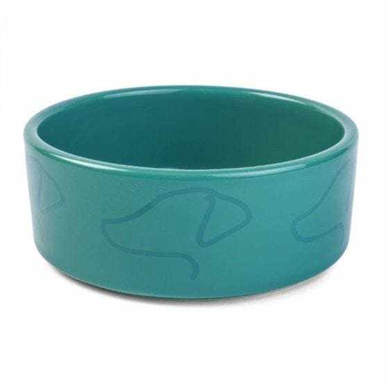 Green ceramic dog bowl with dog outline design.