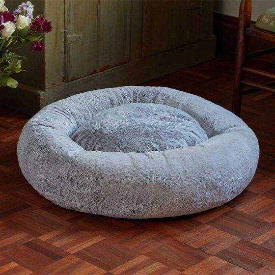 Grey Fur Calming Bean Dog Bed with raised sides and luxurious fabric.