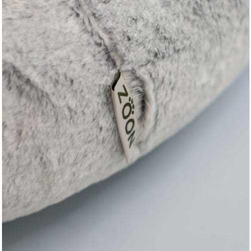 Grey Fur Calming Bean Dog Bed with luxurious fabric and raised sides for security.