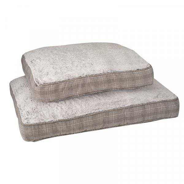 Grey plaid gusset mattress dog bed with thick sherpa fabric.