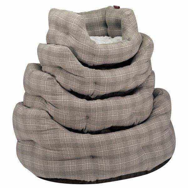 Grey plaid oval dog bed with high sides and reversible cushion from ZOON range.