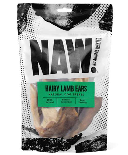 Hairy Lambs Ears Natural Dog Treats - 100g Bag, resealable packaging.