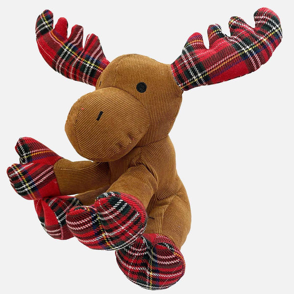 Festive tartan Christmas moose dog toy with corduroy body and squeaker.