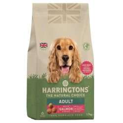 Harringtons Salmon & Potato Dog Food packaging with cocker spaniel image.