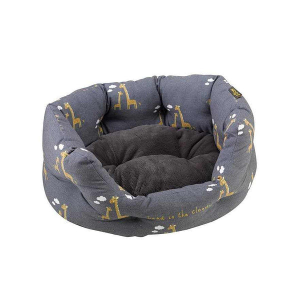 Luxurious giraffe design oval dog bed with high sides, deep-filled for comfort, and reversible velour fabric.