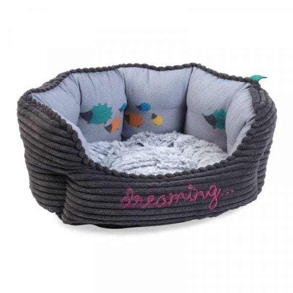 Charcoal grey Hedgehog Dreaming Dog Bed with high sides and reversible cushion.