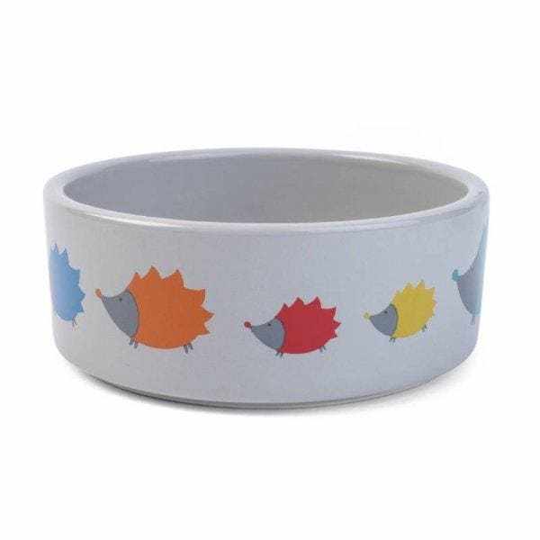 Hoglet Ceramic Dog Bowl with hedgehog design, available in various sizes, dishwasher safe.
