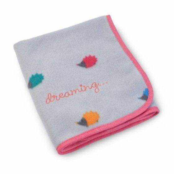 Light grey Hoglets Dreaming Dog Comforter with pink piping and hedgehog design.