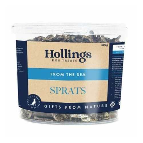Hollings 100% Natural Sprats Dog Treats in container, rich in Omega 3 & 6, for coat, skin, and joints.