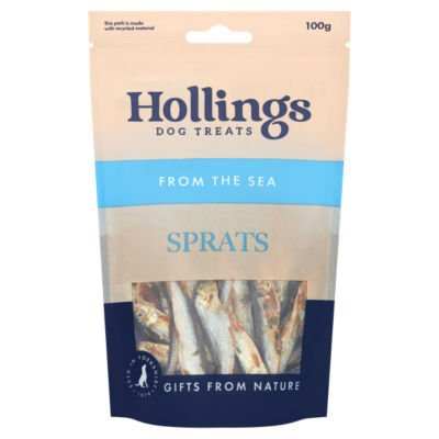 Hollings 100% Natural Sprats Dog Treats packaging with dried fish inside.