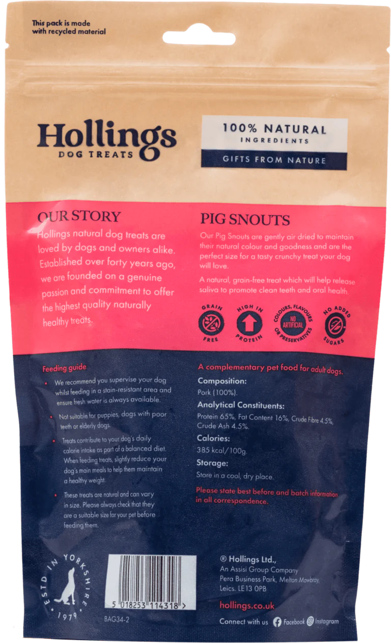 Hollings Pig Snouts Dog Treats 100g resealable bag with natural, grain-free ingredients promoting oral health.