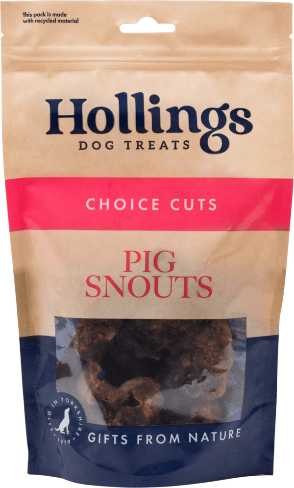 Hollings Pig Snouts Dog Treats 100g resealable bag with natural ingredients.