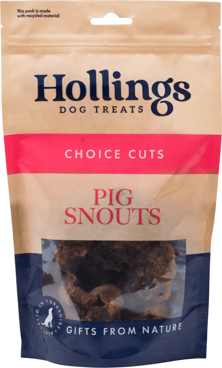 Hollings Pig Snouts Dog Treats 100g resealable bag with natural ingredients.