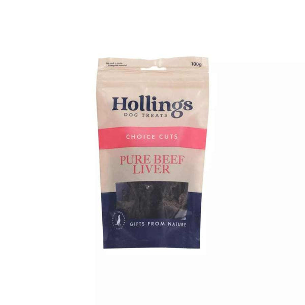 Hollings Pure Beef Liver Dog Treat, 100g resealable bag, high-protein natural snack for dogs.
