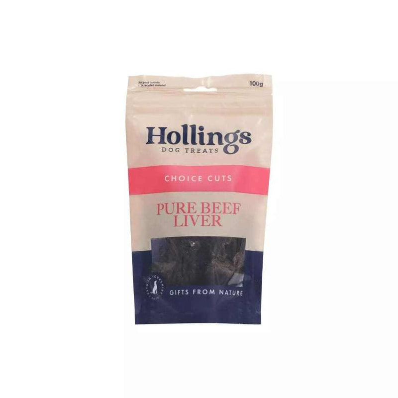 Hollings Pure Beef Liver Dog Treat, 100g resealable bag, high-protein natural snack for dogs.