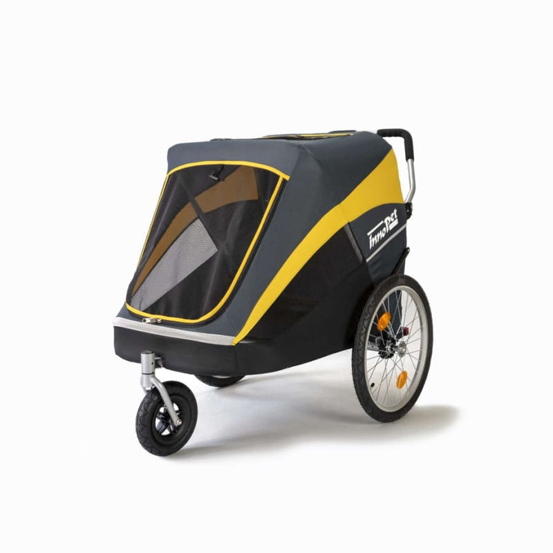Innopet Hercules 2.0 Extra Large Dog Stroller with rain cover, 50kg capacity, featuring swivel front wheel, mesh windows, and oversized tires.