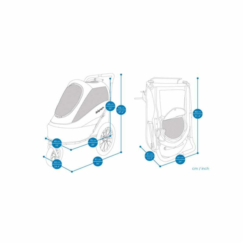 Diagram showing dimensions of the Innopet Sporty Deluxe Dog Stroller, featuring measurements in centimeters and inches for design and size reference.