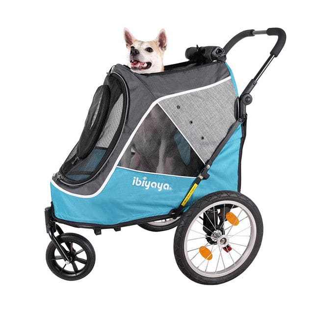 Innopet Sporty Evolution V2 Dog Stroller with dog, blue design, 30kg capacity, rain cover included.