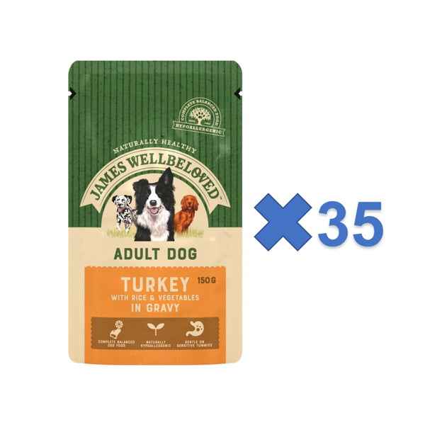 James Wellbeloved Dog Turkey and Rice Adult Pouch 35 x 150g Pouches (no box outer) -James Wellbeloved9003579308233