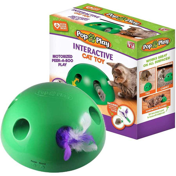 Interactive cat toy with rotating mouse and feather attachments, designed for feline exercise and entertainment.