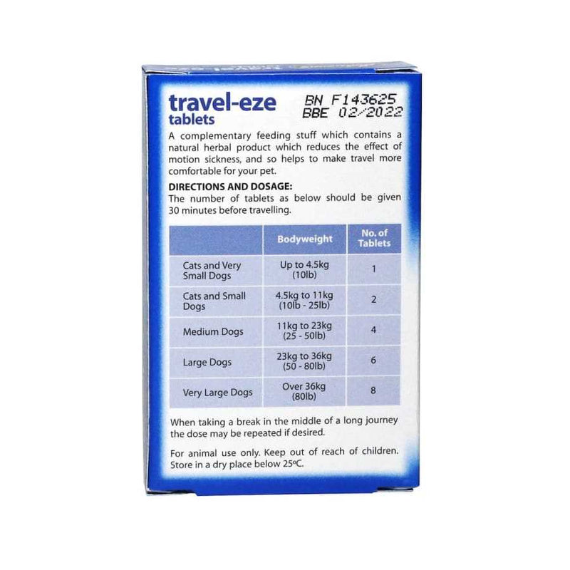 Johnson's Travel-Eze Tablets x 24 for Cats and Dogs - Herbal Motion Sickness Relief