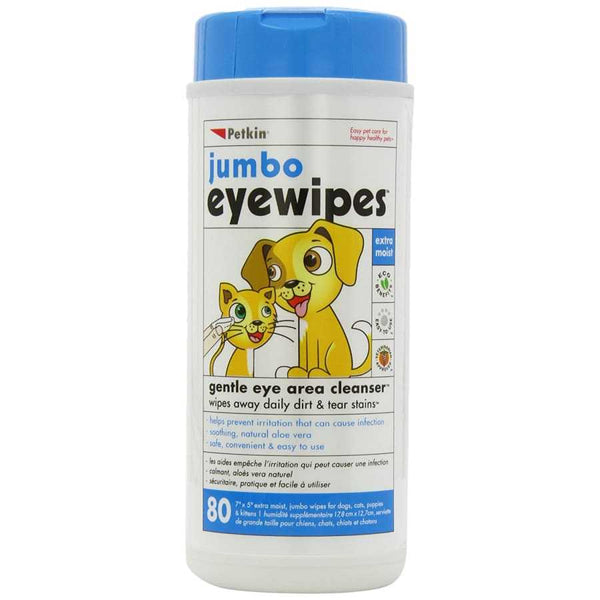Jumbo eye wipes for cats and dogs, 80 pack container.
