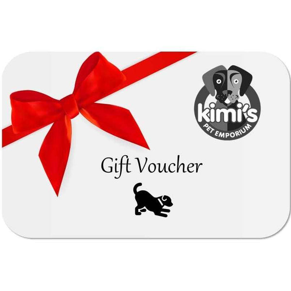Kimi's Pet Emporium Gift Card with red bow and logo.