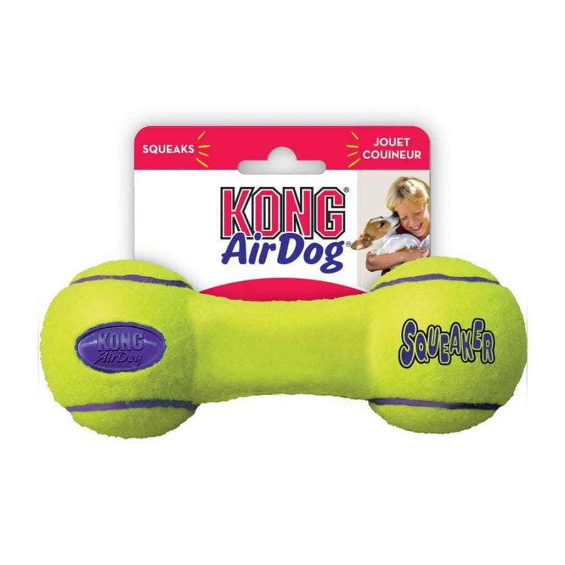 KONG AirDog Dumbbell Dog Toy with squeaker and nonabrasive tennis material.