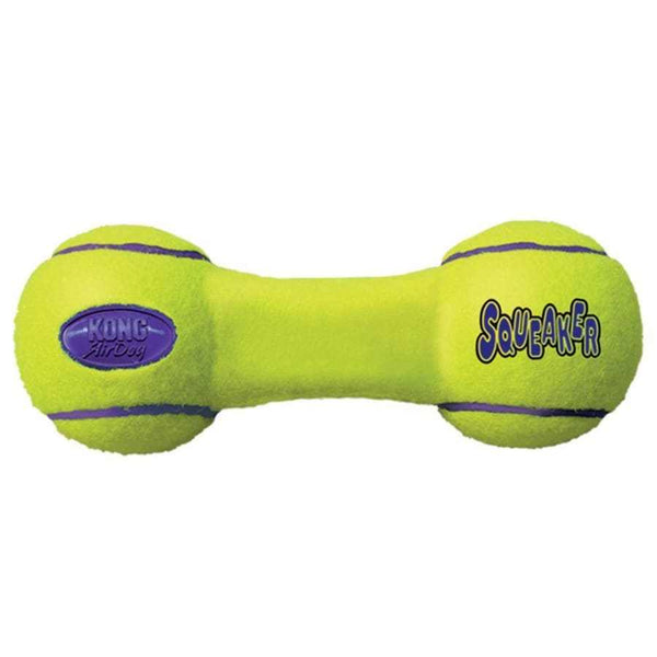 KONG AirDog Dumbbell Dog Toy with squeaker and nonabrasive tennis material for fetch.