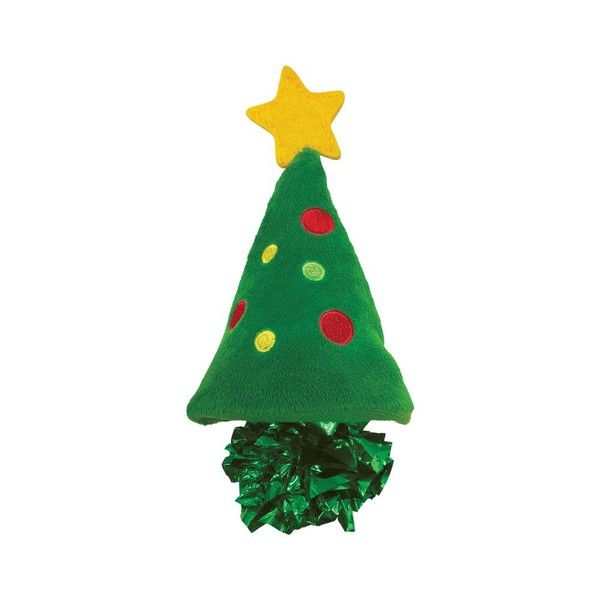 KONG Christmas Crackles Cat Toy shaped like a Christmas tree with crackly sounds and elastic tethered crinkle ball.
