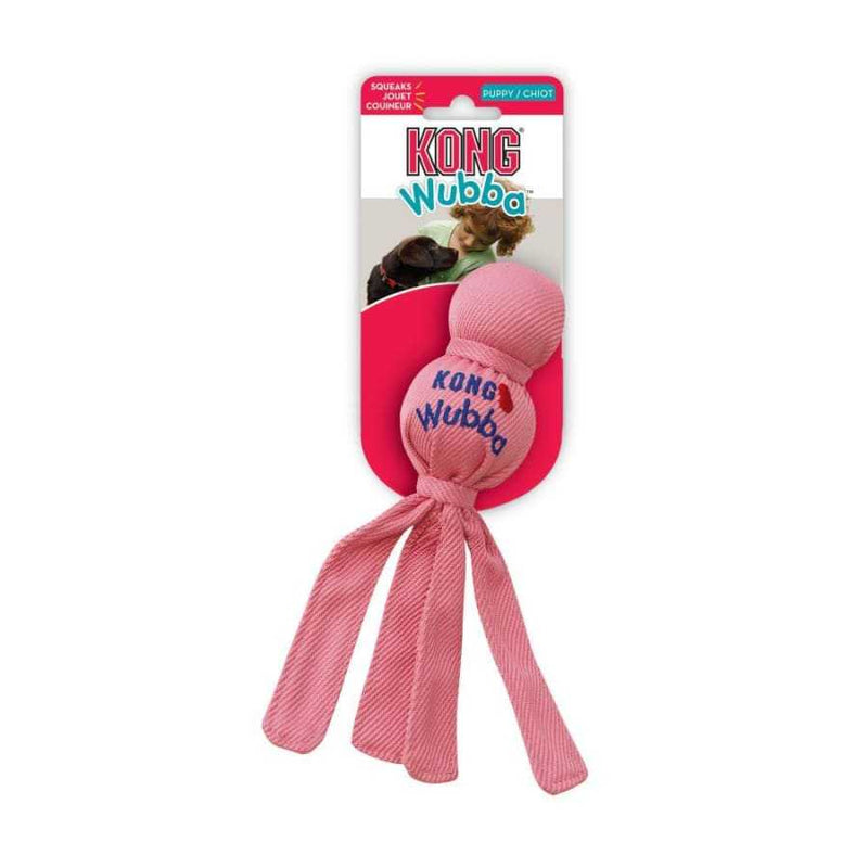 KONG Wubba Puppy Toy in pink with long floppy tails for interactive play.