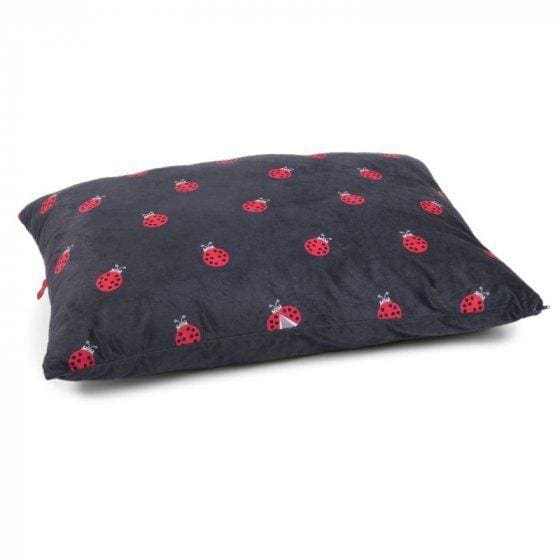 Lady Bird Pillow Mattress Dog Bed with ladybird design on black background.