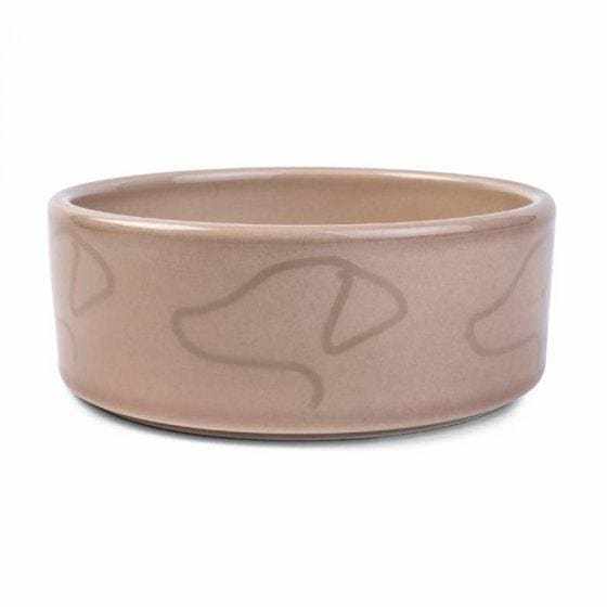 Latte Ceramic Dog Bowl with dog outline design, dishwasher safe, hardwearing stoneware.
