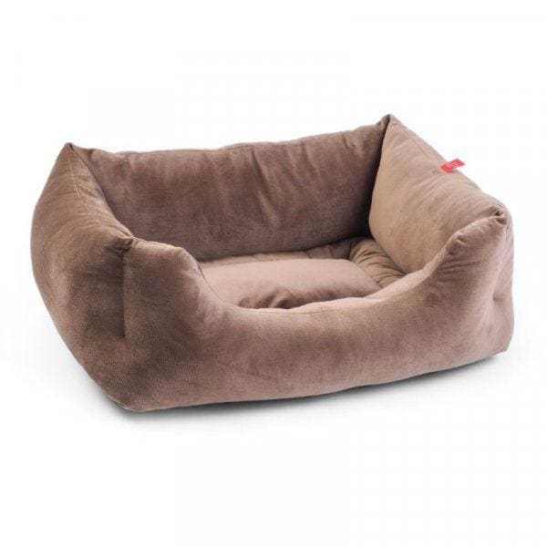 Latte Velour Square Dog Bed with high sides, removable cushion, and non-slip base.