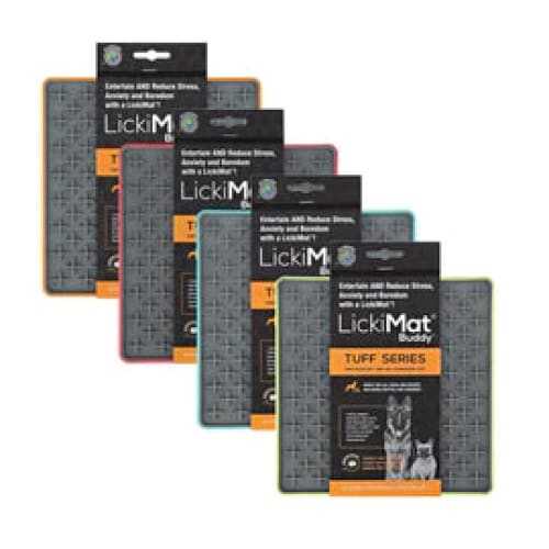 Lickimat Buddy Tuff Series Pet Treat Dispenser Mat in various colors for dogs and cats.