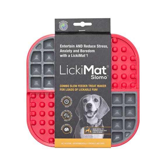 Lickimat Slomo Dog Pet Treat Dispenser, slow feeder for dogs and cats, promotes calmness, non-toxic, freezer and dishwasher safe.