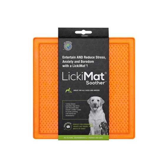 Lickimat Soother Pet Treat Dispenser Mat for dogs, orange, non-toxic, 20x20 cm.
