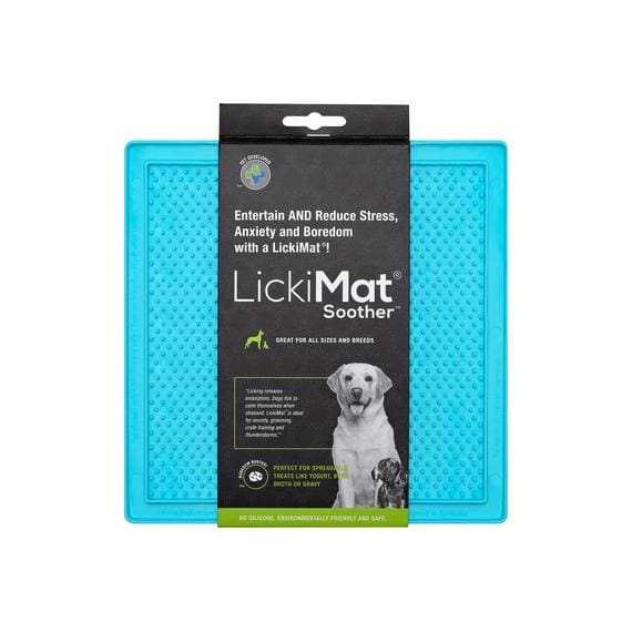 Lickimat Soother Pet Treat Dispenser Mat for dogs, blue color, 20x20 cm, featuring raised bumps design.