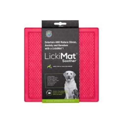 Lickimat Soother Pet Treat Dispenser Mat in pink packaging with raised bumps for calming pets.