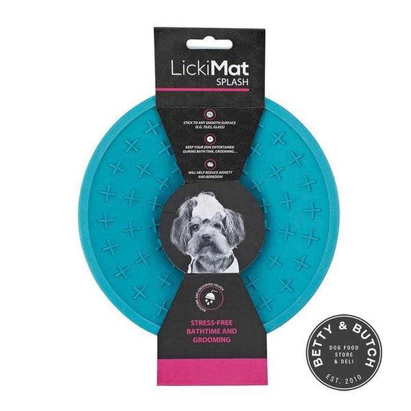 Lickimat Splash Turquoise Pet Treat Dispenser Mat for stress-free pet grooming and bath time.