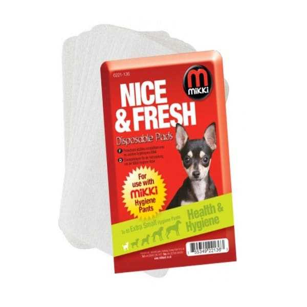Mikki Hygiene Dog Pants and Pads packaging with Chihuahua image, marketed for female dogs on heat.