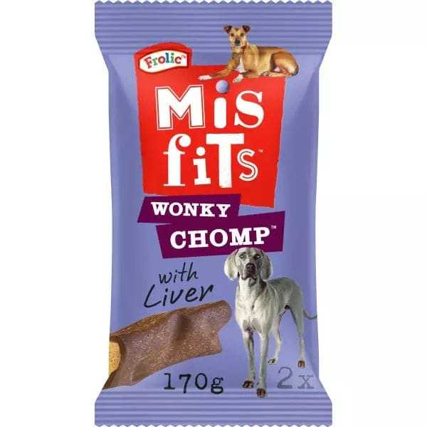 Misfits Wonky Chomp with Liver dog treats, 170g, 2 stick pack.