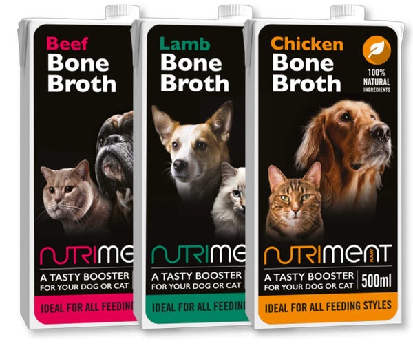 Nutriment Bone Broth for pets, available in Beef, Lamb, and Chicken varieties, 500ml packaging.