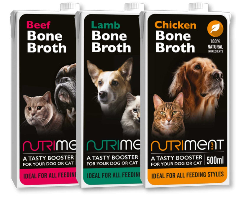 Nutriment Bone Broth for pets, available in Beef, Lamb, and Chicken varieties, 500ml packaging.