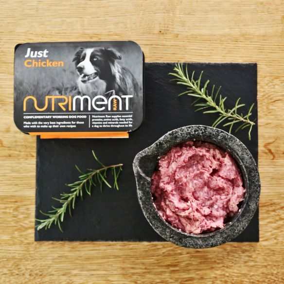 Nutriment Just Chicken Raw Dog Food 500g Tray on display with fresh herbs.