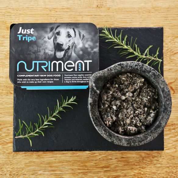 Nutriment Just Tripe Raw Dog Food with bowl of green tripe on slate board.